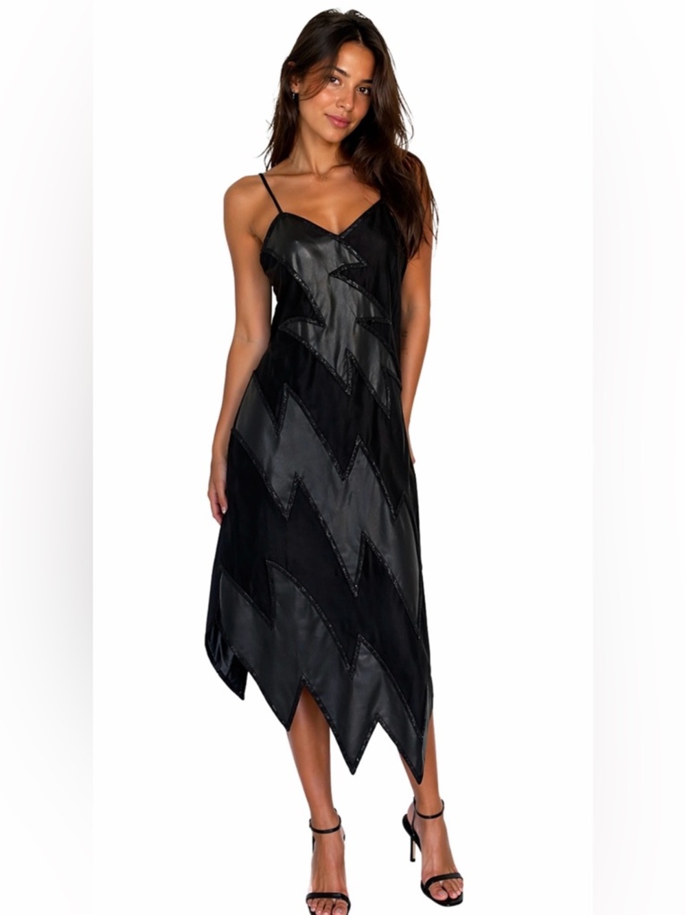 Vintage Black Beaded /Leather/Suede Lightning bolt Asymmetrical Dress